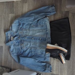 Oversized denim jean jacket, brand new mini skirt, shirt and platform shoes